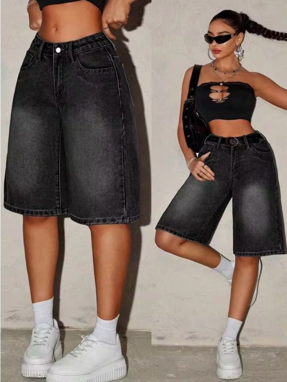 SHEIN ICON Washed Black Wide Leg Denim Bermuda Shorts Jorts 30